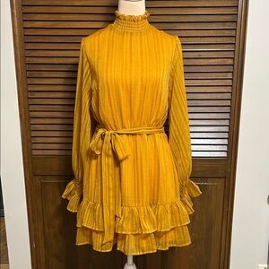 NWT Lulu's Mustard Gold Long Sleeve Ruffled Dress Size S